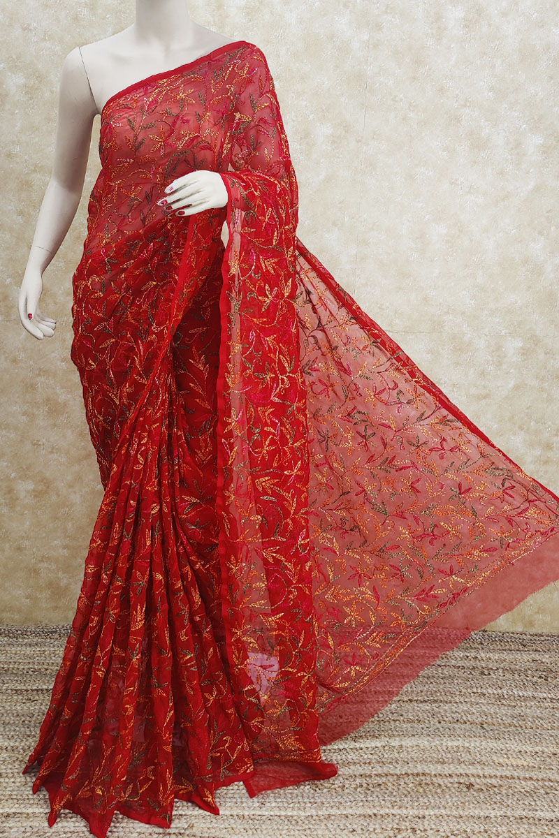 Red Color Allover Multithread Tepchi Work Hand Embroidered Lucknowi Chikankari Saree (with Blouse) Mc251735